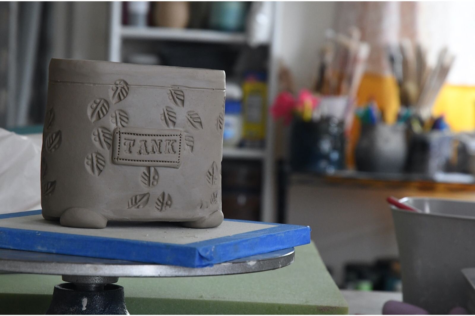 An unfinished urn that Laura is making for a salamander.