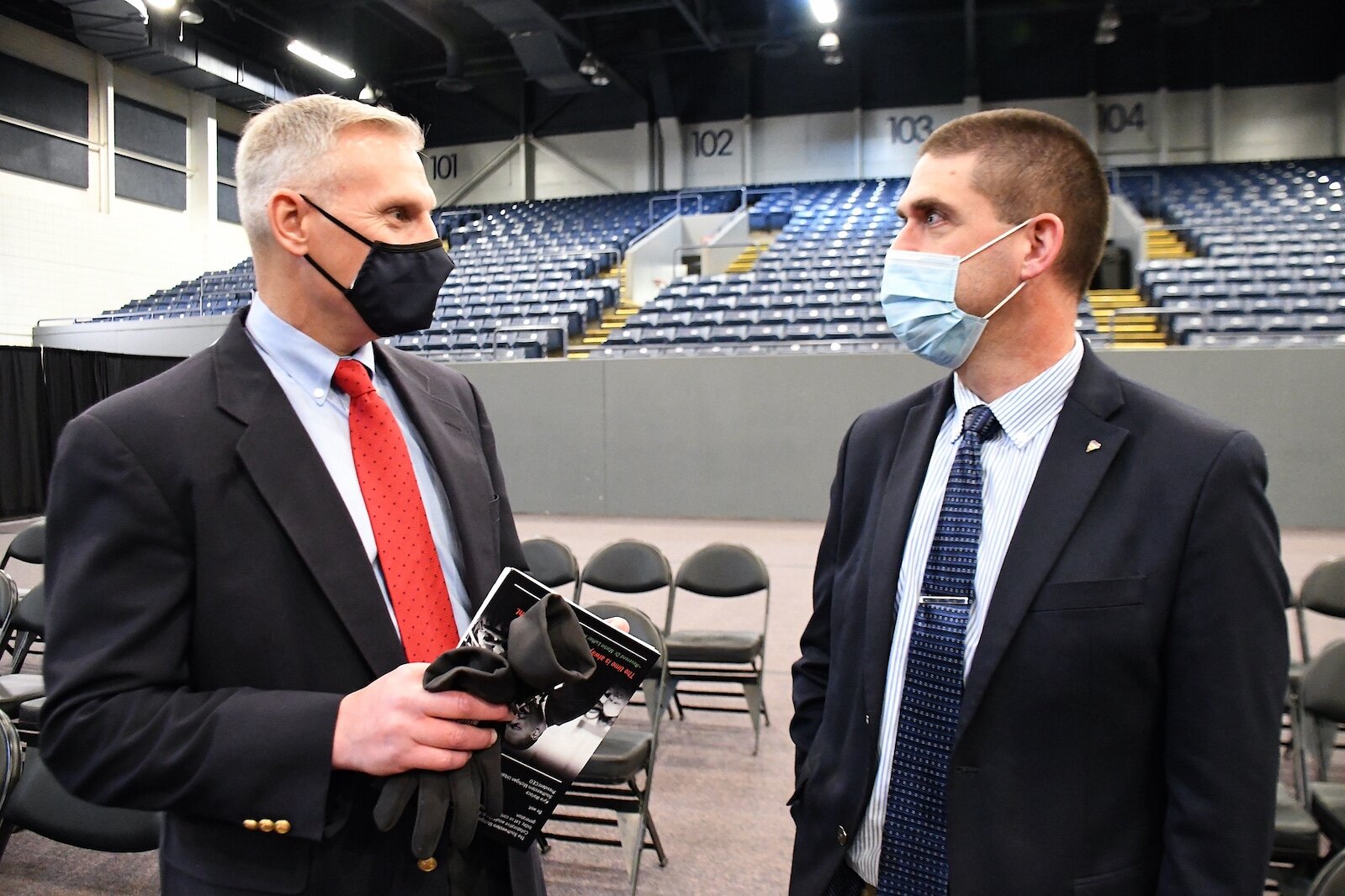 Battle Creek Chief of Police Jim Blocker, left, talks with Eric Greene of Kellogg Community College at Monday’s “We, Us, Our: 55 Shades of Black” commemoration of Martin Luther King, Jr’s birthday.