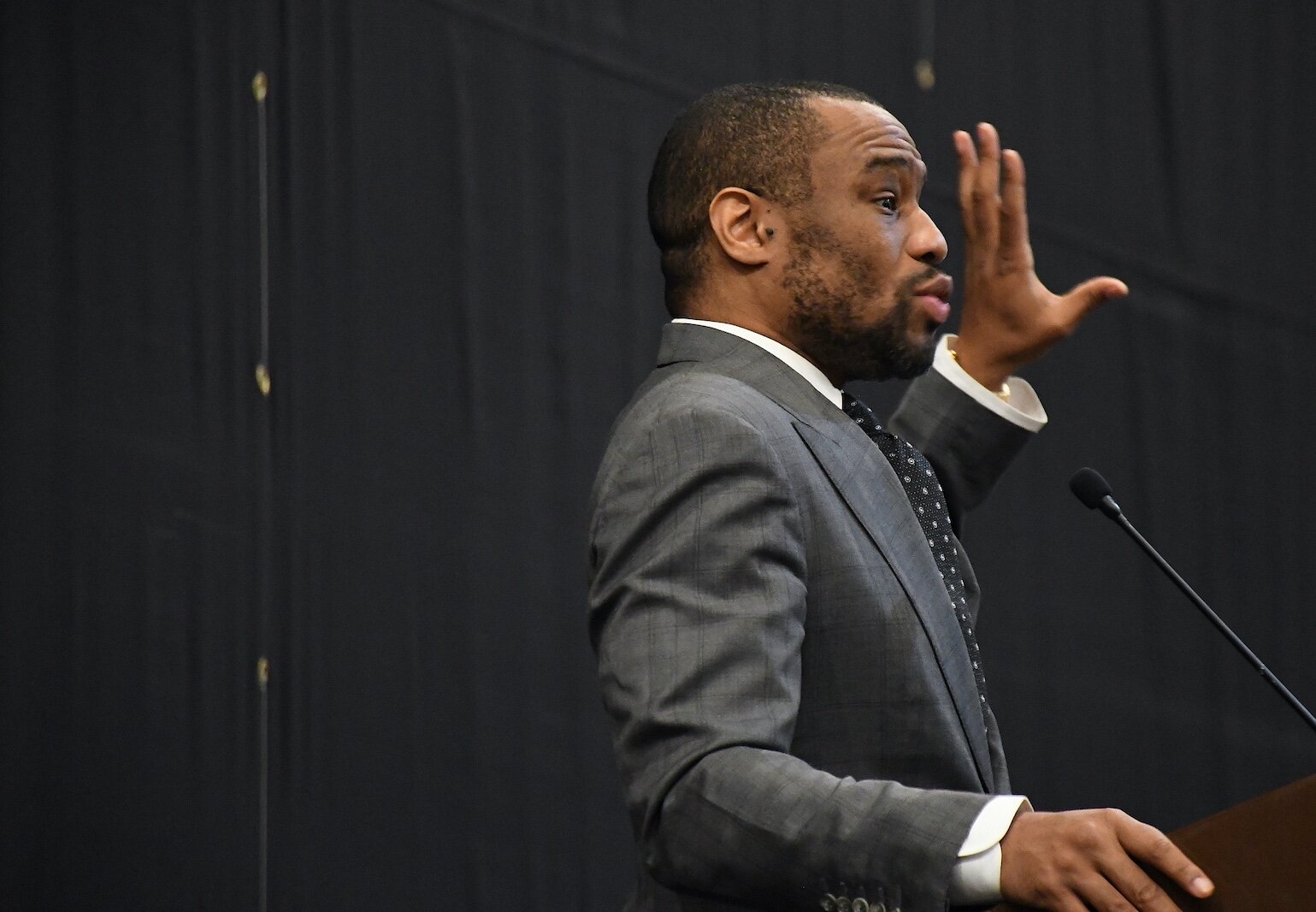 Dr. Marc Lamont Hill gives the keynote address during Monday’s “We, Us, Our: 55 Shades of Black” commemoration of Martin Luther King, Jr’s birthday sponsored by the Southwestern Michigan Urban League at Kellogg Arena.