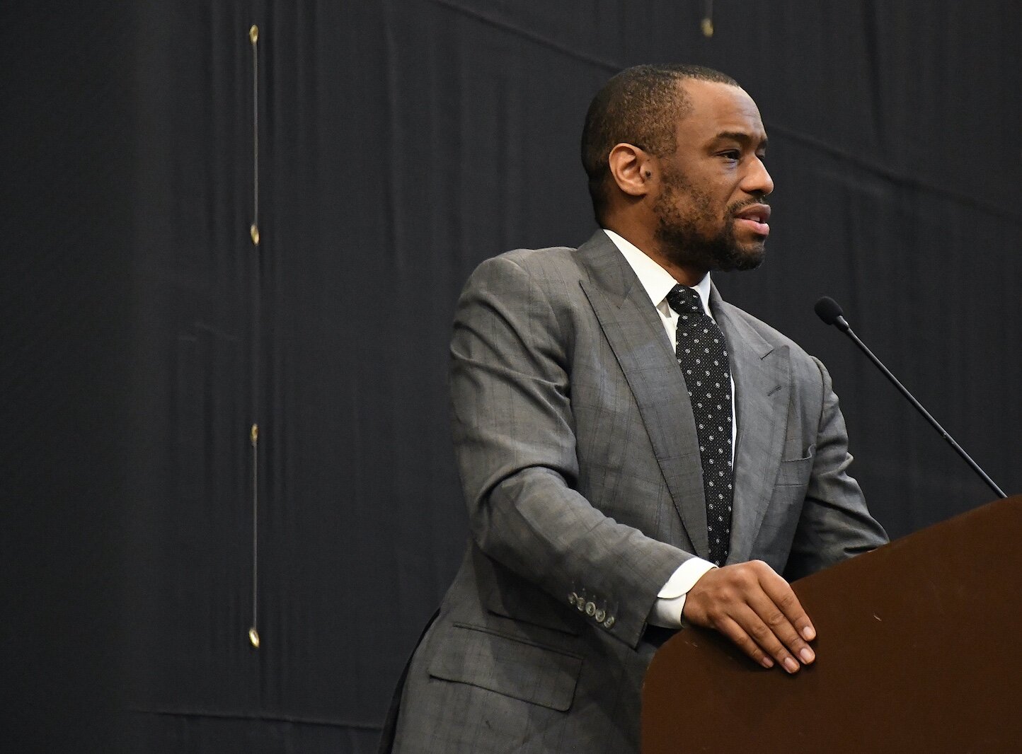 Dr. Marc Lamont Hill gives the keynote address during Monday’s “We, Us, Our: 55 Shades of Black” commemoration of Martin Luther King, Jr’s birthday sponsored by the Southwestern Michigan Urban League at Kellogg Arena.