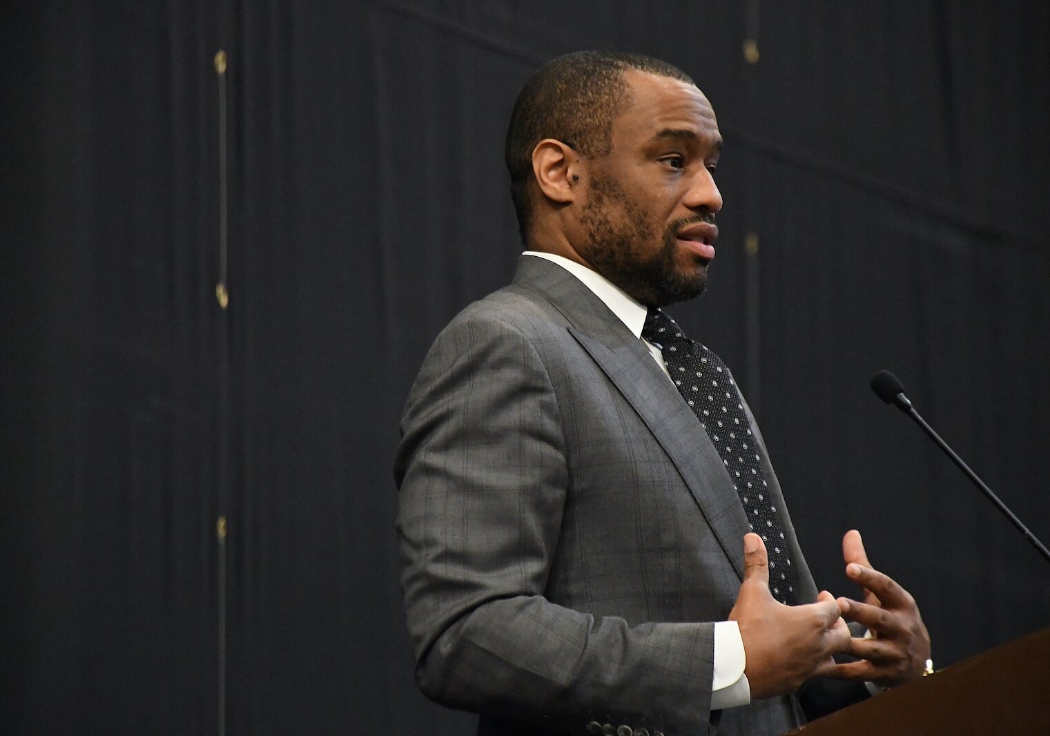 Dr. Marc Lamont Hill gives the keynote address during Monday’s “We, Us, Our: 55 Shades of Black” commemoration of Martin Luther King, Jr’s birthday sponsored by the Southwestern Michigan Urban League at Kellogg Arena.
