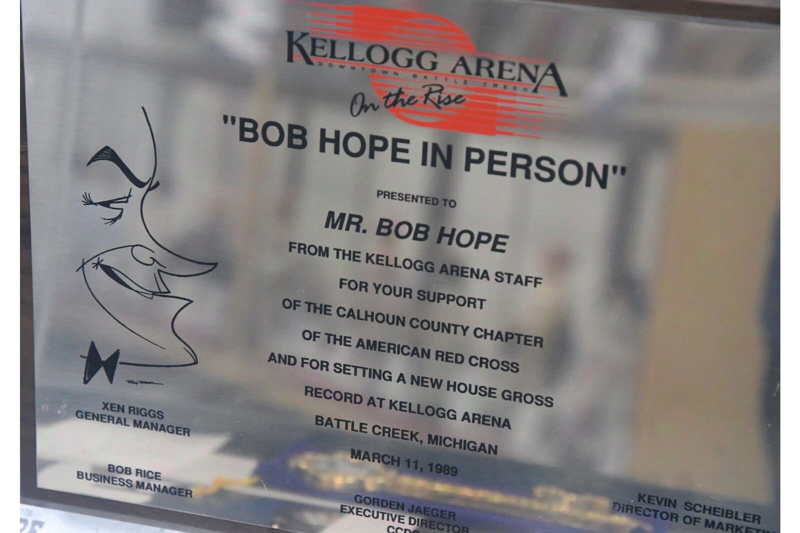 A certificate commemorates comic and actor Bob Hope’s visit to Battle Creek in 1989.