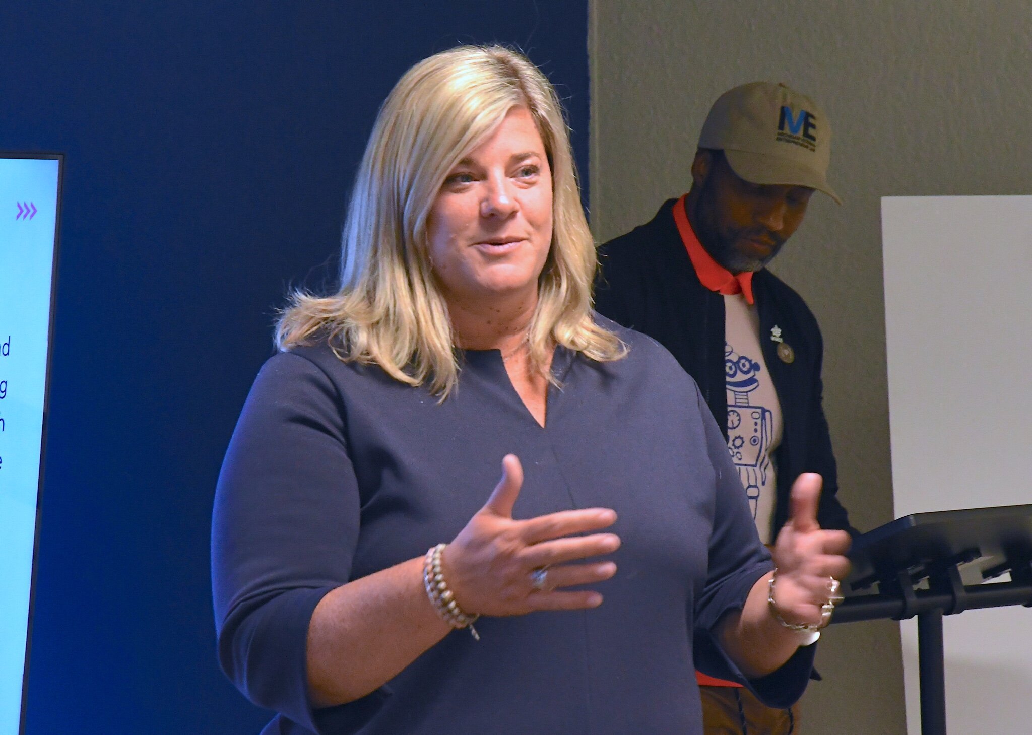 Kara Beer, CEO of the Battle Creek Chamber of Commerce, speaks during the opening session of the Michigan Veteran Entrepreneur Lab session in Battle Creek. The chamber is hosting the sessions.