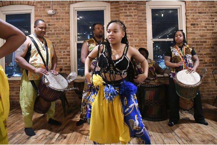 Members of the Nanou Djiapo, an African drum and dance group from the metro Detroit area, perform during the Battle Creek Coaliton for Truth, Racial Healing and Transformation’s Envisioning Dinner on the National Day of Racial Healing, January 16, at