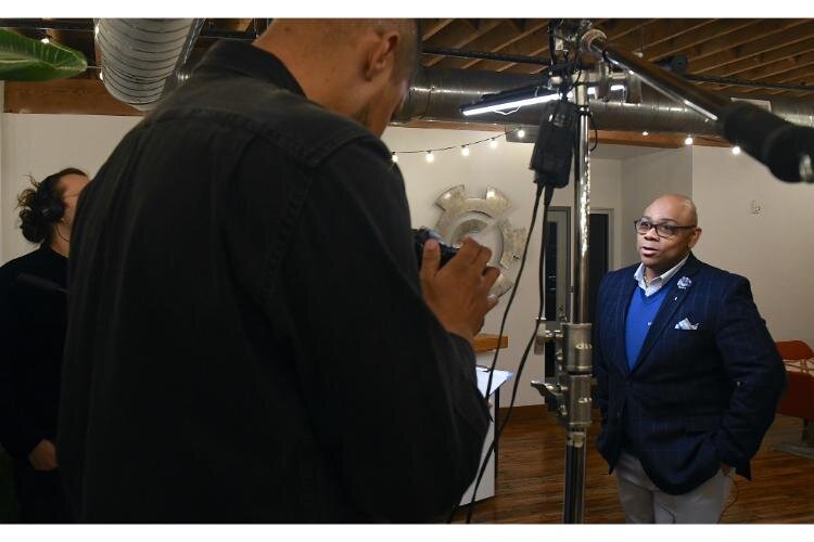 Erick Stewart shares his thoughts for a video during the Battle Creek Coaliton for Truth, Racial Healing and Transformation’s Envisioning Dinner on the National Day of Racial Healing, January 16, at The Record Box in downtown Battle Creek.