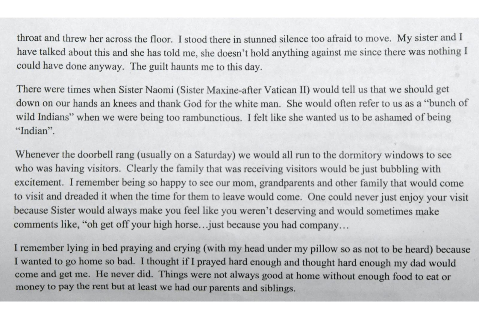 A page from the recollections of Sharon Skutt who was a student at Holy Childhood School of Jesus in Harbor Springs.