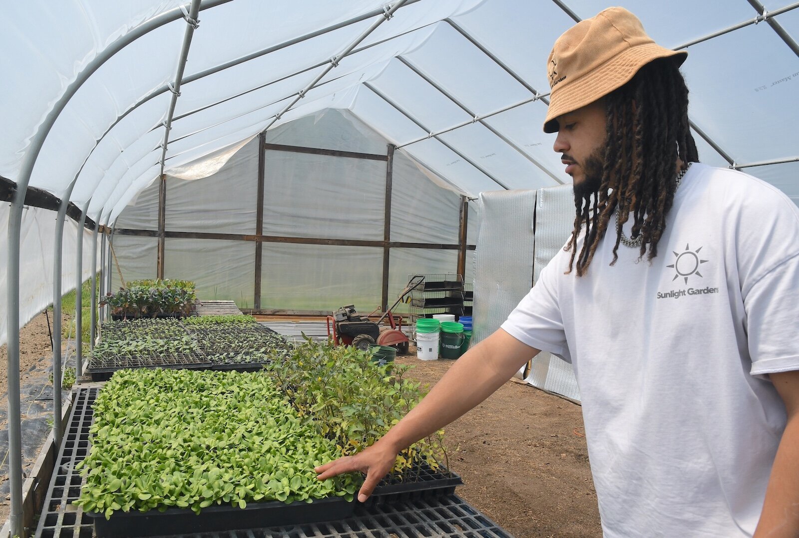 Devon Wilson points out some of the young plants growing in one of the hoop houses at Sunlight Gardens.