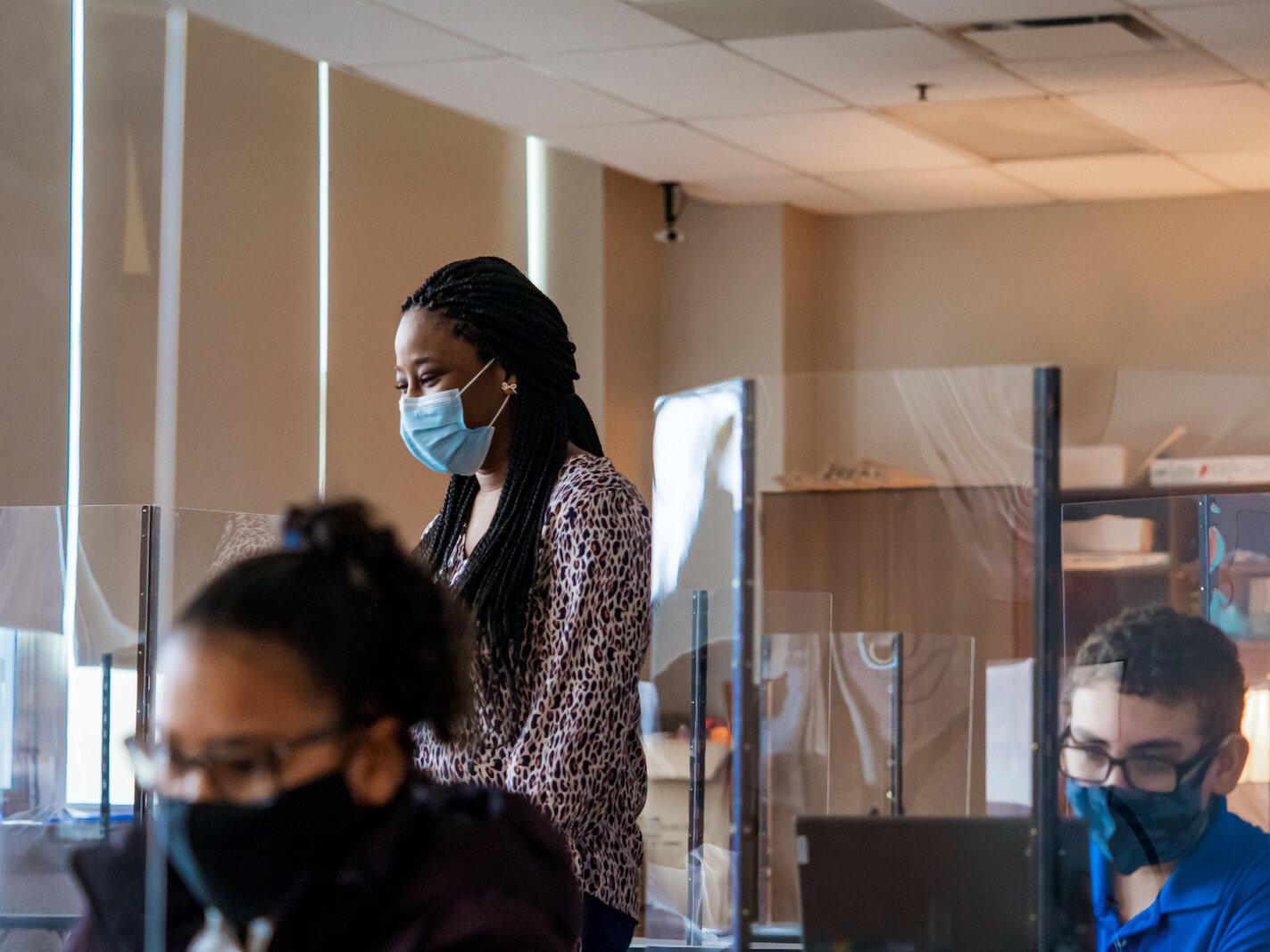 Jamesia Nordman interacts with students in her English Language Arts class at a STEM Middle School that's part of the Battle Creek Public School system.