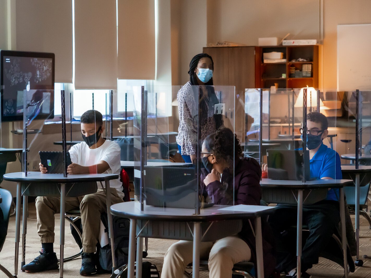 Jamesia Nordman interacts with students in her English Language Arts class at a STEM Middle School that's part of the Battle Creek Public School system.