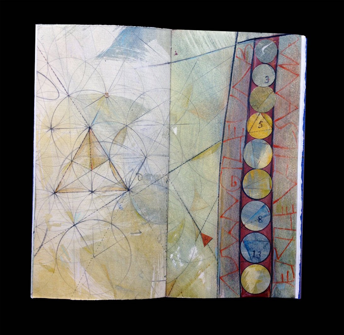 Pamela Paulsrud's exploration of energy and vibration, letters and lines, her love of the land, the earth and its resonance, inspires both her work and her life. This is Chaos Theory V, mixed media.