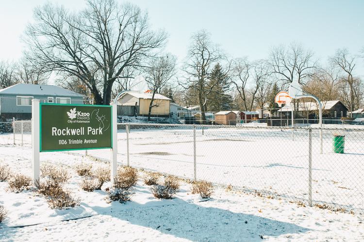 Rockwell Park has recently been renovated to include an aphsalt path and new playground equipment, basketball courts and picnic tables. (Like the wide view, but also like #30 that has the park sign and shows how the park is divided in half by Trimble