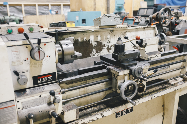 A lathe, one of the Kzoo Makers machines, is part of its well-equipped woodshop.