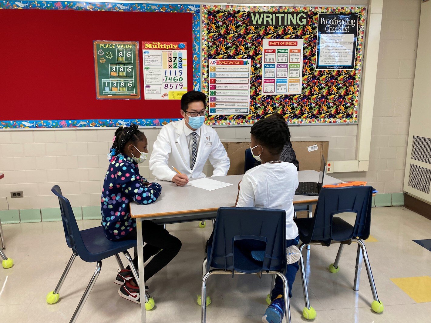 At the elementary program at Northeastern the first day that medical students and 4th graders met together. 