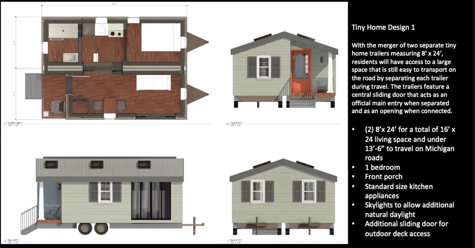 Home Start's "tiny homes" are now planned to be "cottages," Johnston says. They'll be two sections, both on wheels, joined. Zoning and other issues need to be resolved before they can be constructed and placed. (Image from Home Start, shown as part o