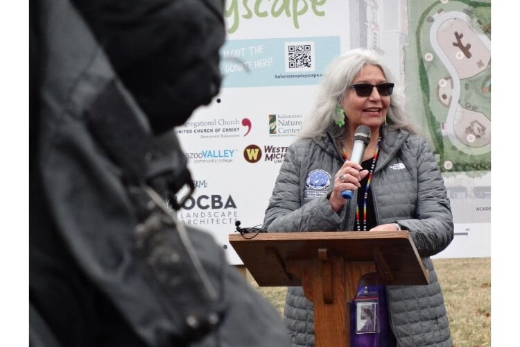 Jodie Palmer, Vice chair Match-E-Be-Nash-She-Wish Tribal Council, at the Playscape groundbreaking. Some plants in the playscape will be of special significance to the tribe.