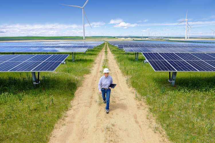 A NextEra employee walks through a solar panel field at the company's Point Beach Energy Center in Two Rivers, Wisc.