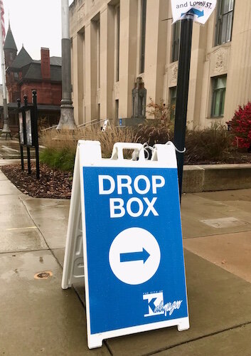 Stanchions are being used to guide people who want to vote early in the Nov. 3 general election at the Kalamazoo City Clerk’s Office. They are shown inside Kalamazoo City Hall in downtown Kalamazoo.