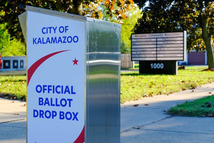 The City of Kalamazoo has placed many drop off boxes for ballots like this one outside the Douglass Community Association. 