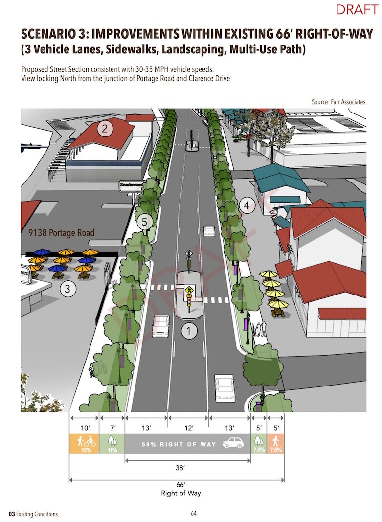 Scenario 3 of the study is what city officials are favoring. It involves replacing the current outer lanes of Portage Road with new sidewalks, a pedestrian/bike path, and landscaped buffer zones. The City Council will vote on the plan July 13.