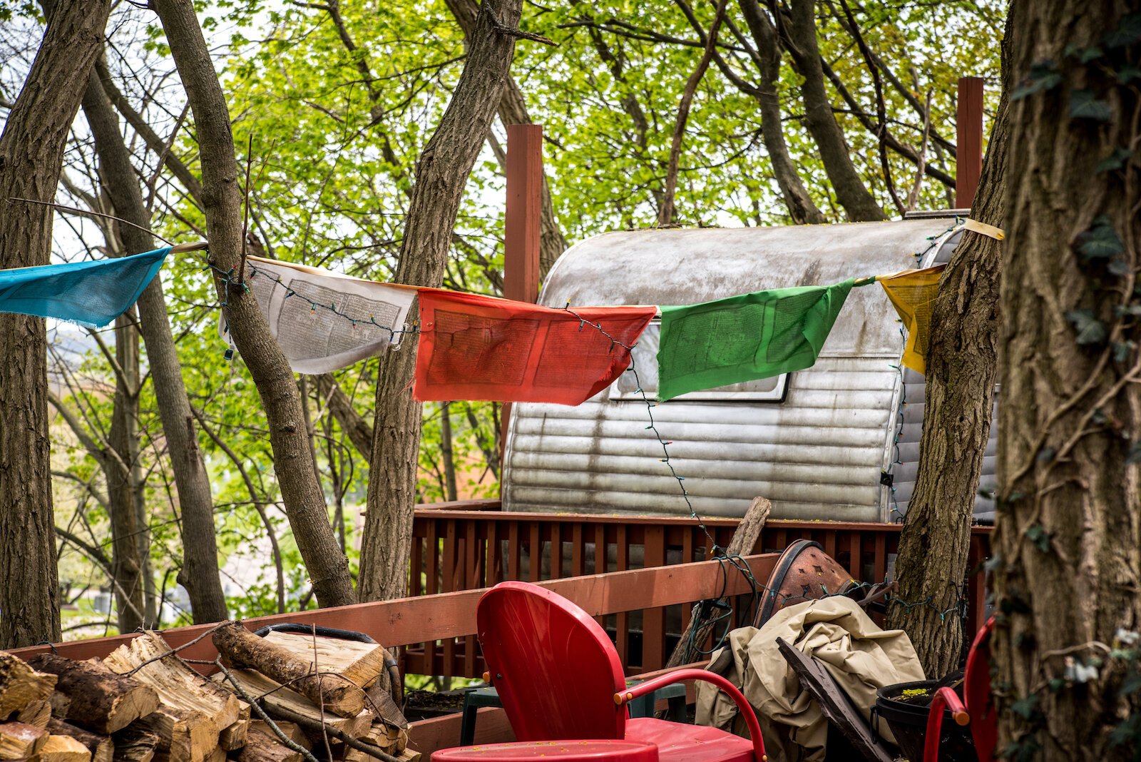 Tibetan prayer flags hang  in the "state park" area of  Prospect Street, north of Main Street.  