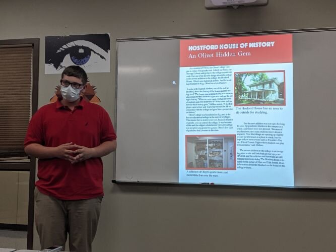 Gage McCrimmon, senior at Olivet High School, whose presentation focused on the Hosford History Center & Lawrence Archives in Olivet.