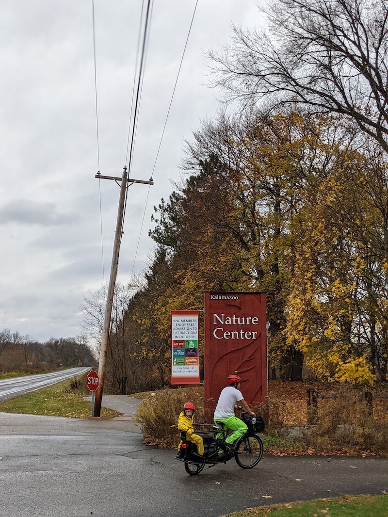 Wilson Xu and their youngest on a ride to the Kalamazoo Nature Center. "Our youngest kiddo, still a baby, loves the bike rides, but fights the car," Filonyuk says.