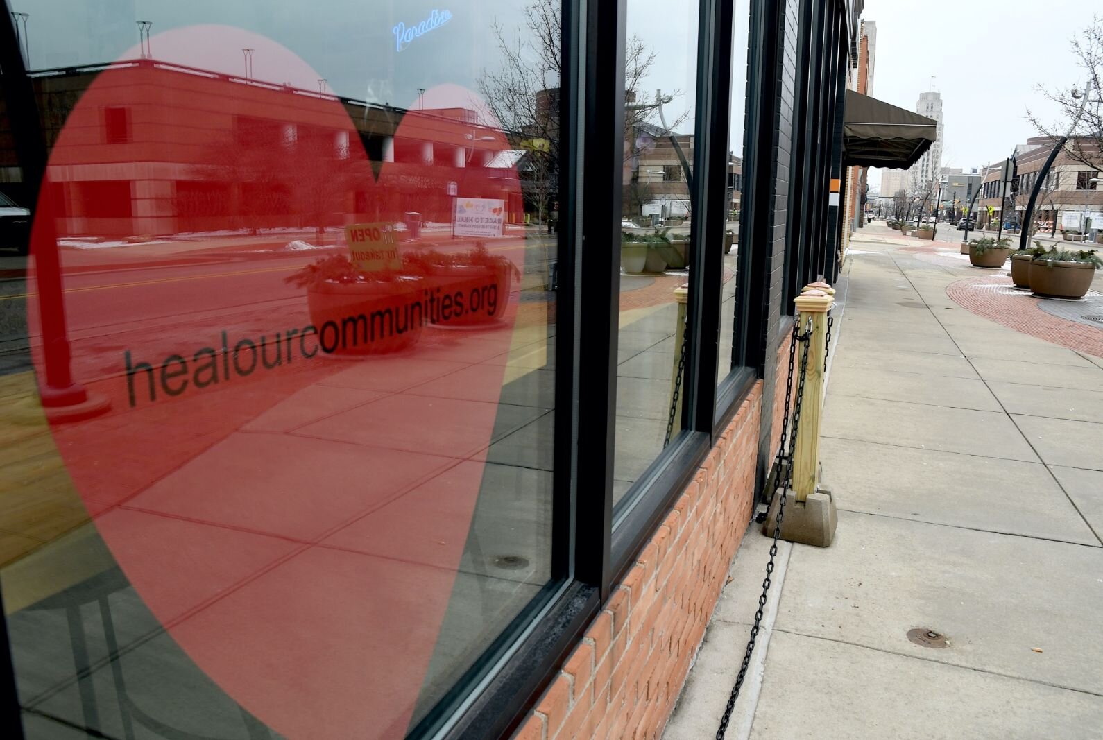 Racial healing sign at Café Rica on East Michigan Avenue in downtown Battle Creek