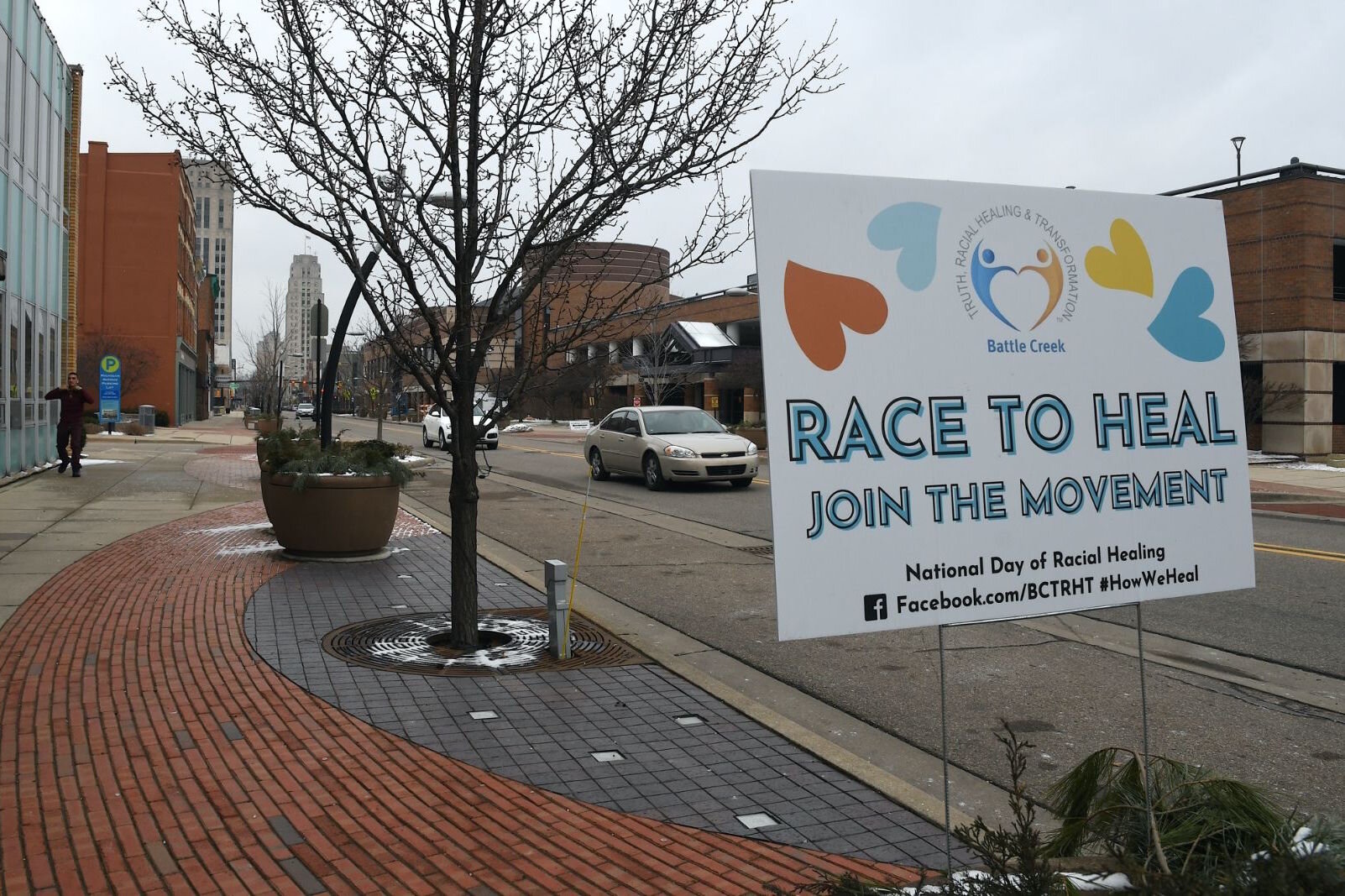 Racial healing sign on East Michigan Avenue in downtown Battle Creek.