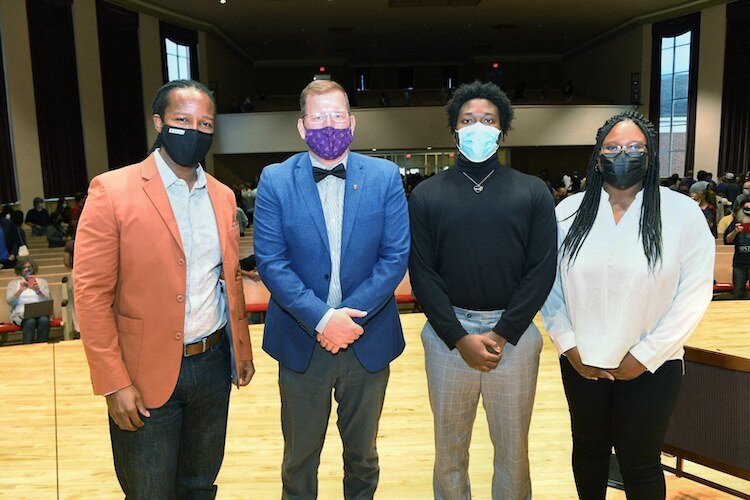At the Albion speaking event were, from left, Dr. Ibram X. Kendi; Matthew Johnson, President of Albion College; Dominic McDonald, senior at Albion College; Akaiia Ridley, senior at Albion College.