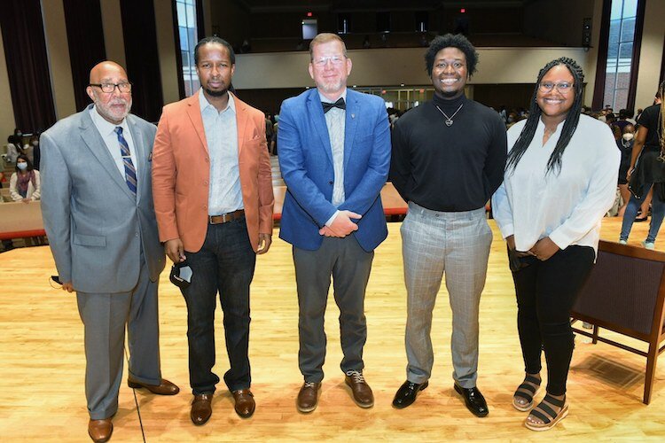 At the Albion speaking event were, from left, Pastor Robert Amos, Senior Pastor for Bread of Life Ministries; Sr.; Dr. Ibram X. Kendi; Matthew Johnson, President of Albion College; Dominic McDonald, senior at Albion College; Akaiia Ridley, a senior.