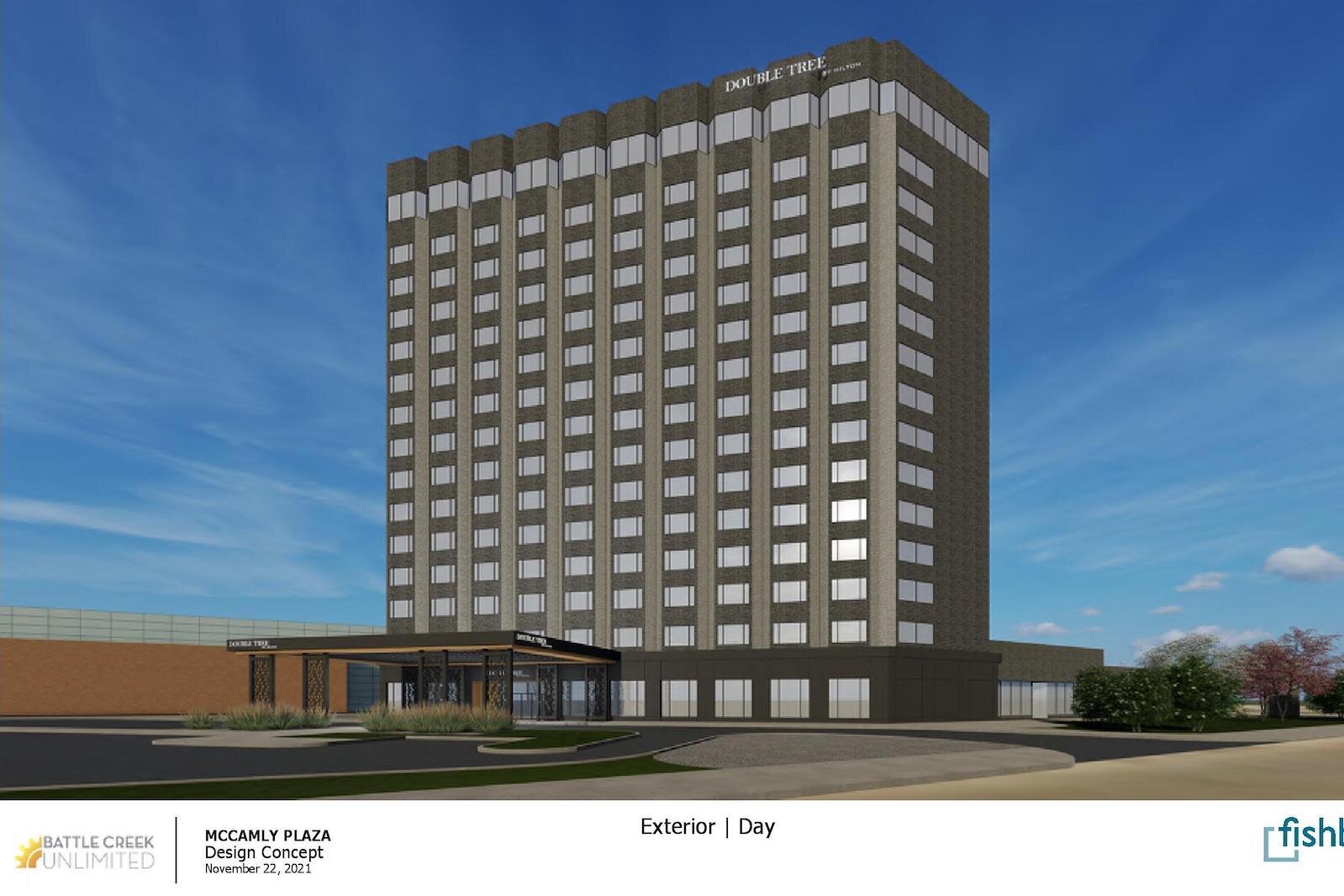 The exterior of the Double Tree by day as shown in a design concept.