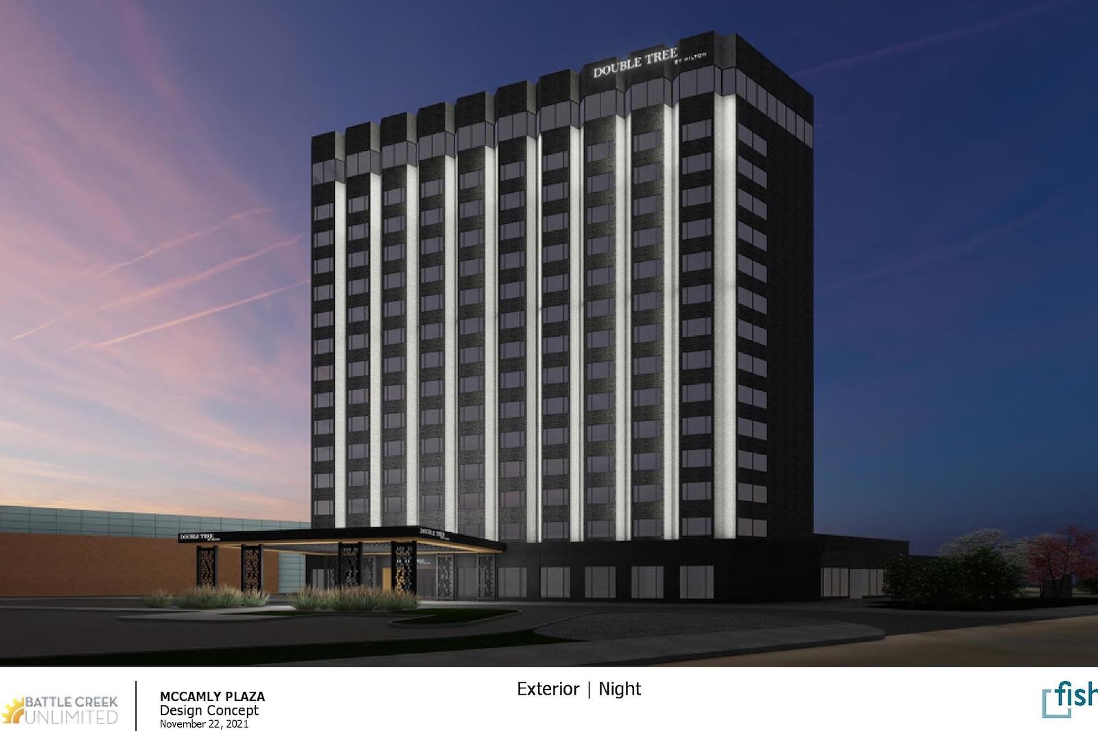 The exterior of the Double Tree by night as shown in a design concept.