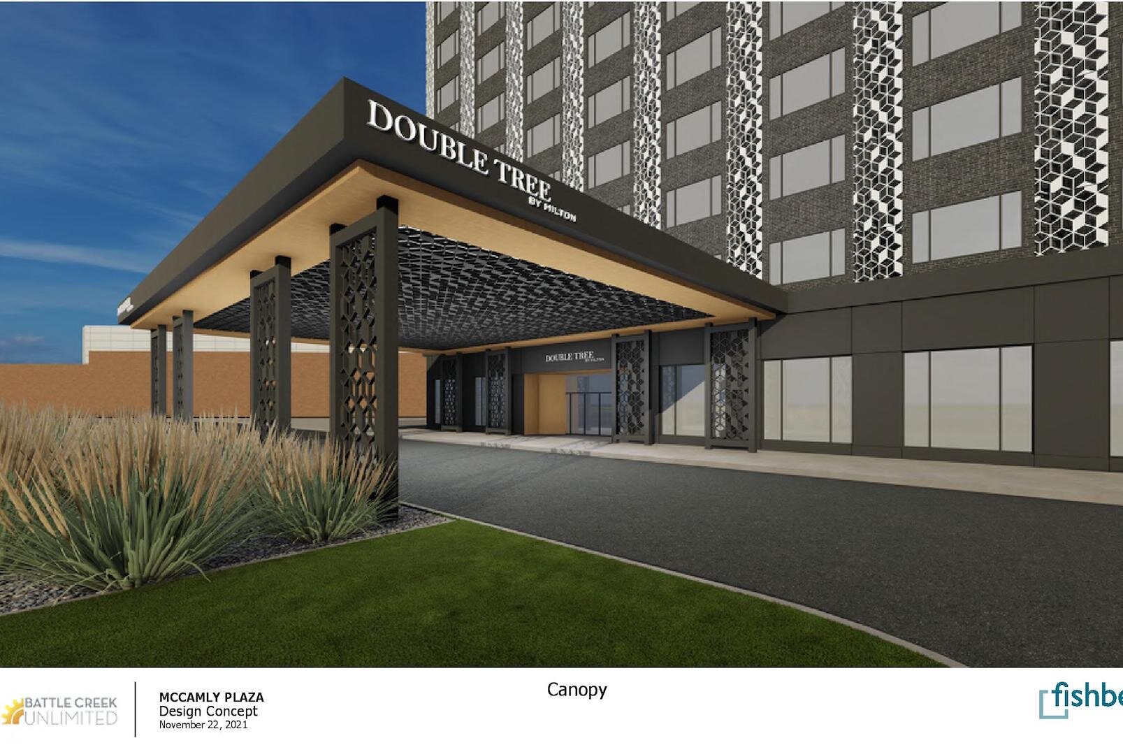 The drive up canopy at the Double Tree entrance as shown in a design concept.