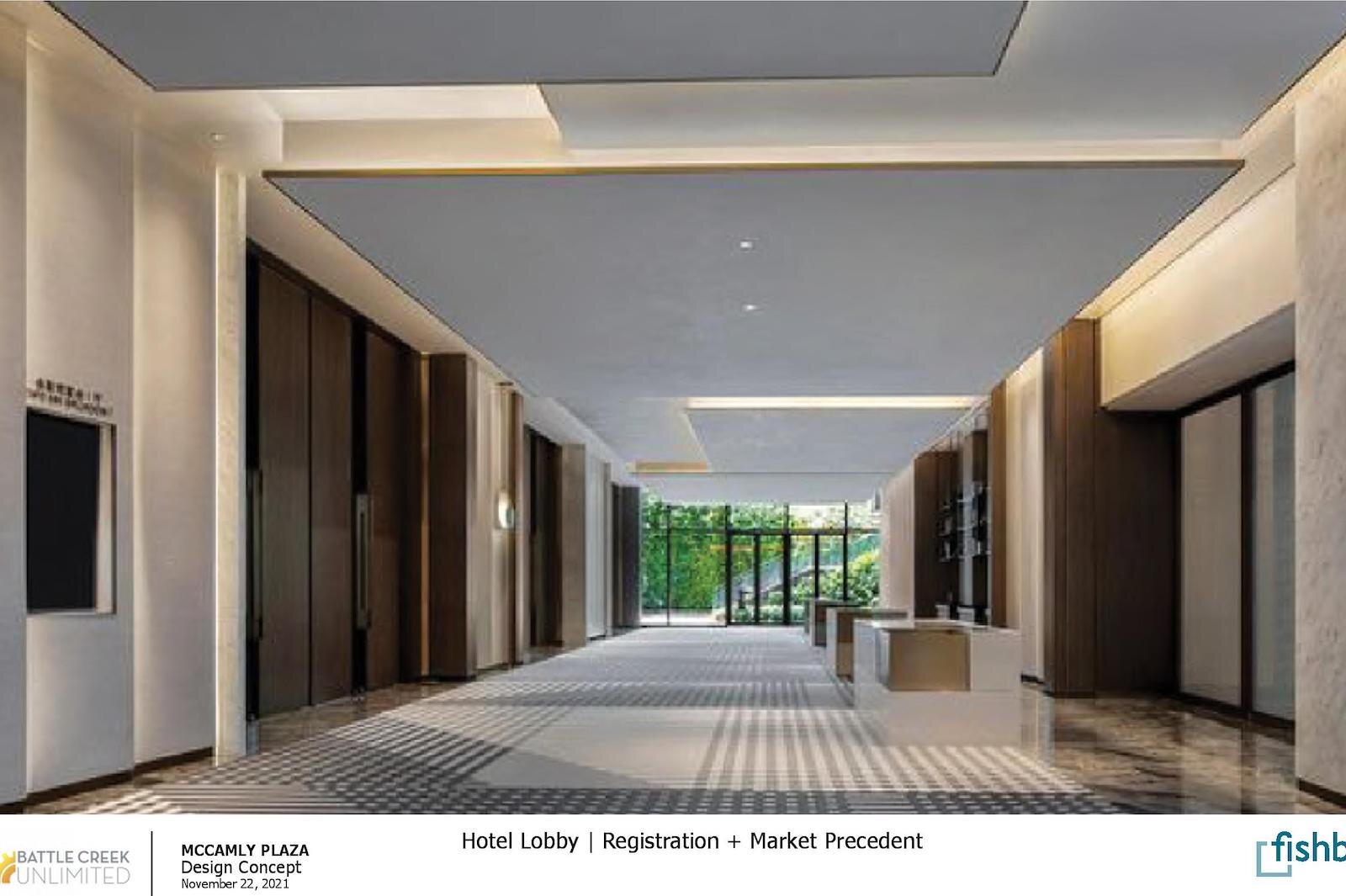  The hotel lobby of the Double Tree by day as shown in a design concept.