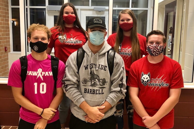 The Class of 2021 members of the Nickname Student Task Force. They are, from left, back row, Charlee Bowers and Kaylyn Middlebrooks, and front row Jose Patino, Connor Hindenach, and Dylan Volker.