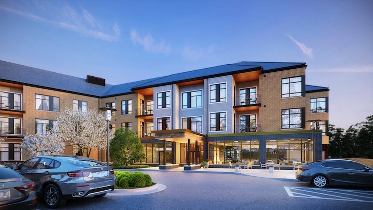This artist’s rendering shows the entrance of Revel Creek, an independent living facility for older adults that is being built at the west end of the Heritage Community of Kalamazoo campus.