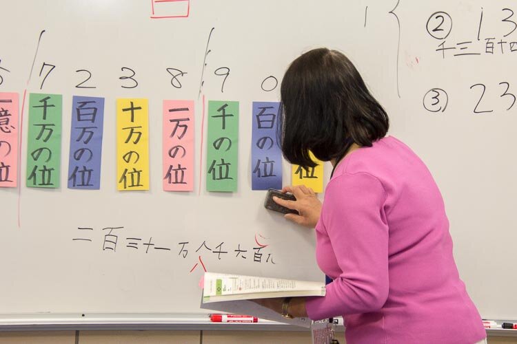 Third grade teacher Jinko Oyake teaching class. 