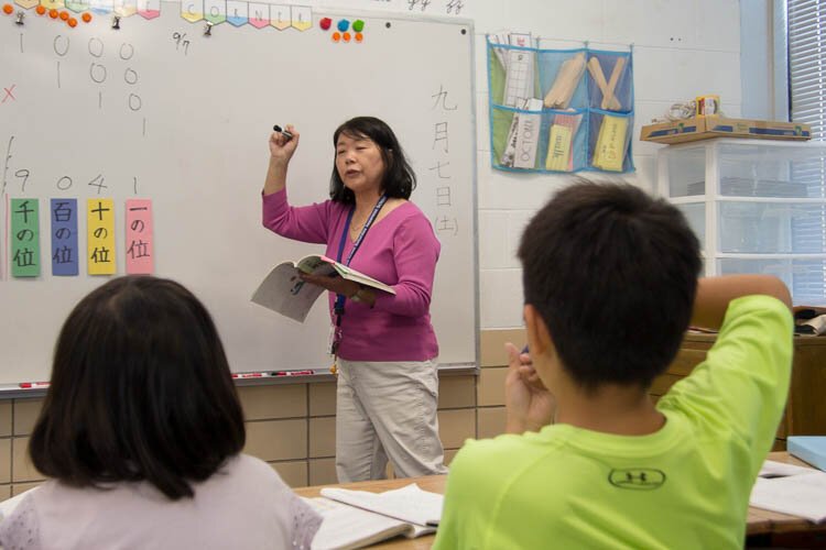 In the classroom at Saturday School for students who want to keep up with their couterparts in Japan.