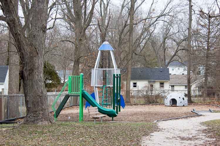 The tot lot has a space motif in recognition of the Apollo Astronaut James McDivitt who once lived in the neighborhood. 