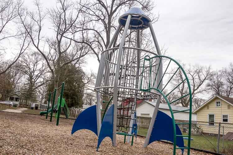 The tot lot has a space motif in recognition of the Apollo Astronaut James McDivitt who once lived in the neighborhood. 