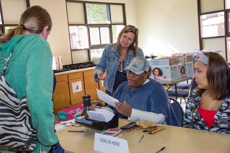 A client comes in to the diaper distribution program at Parkway Manor.