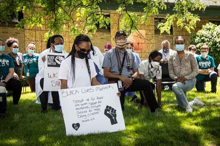 More than 100 staff at Family Health Center gathered to take a knee for 8 minutes and 46 second in honor of George Floyd and to promote racial justice and equity. 