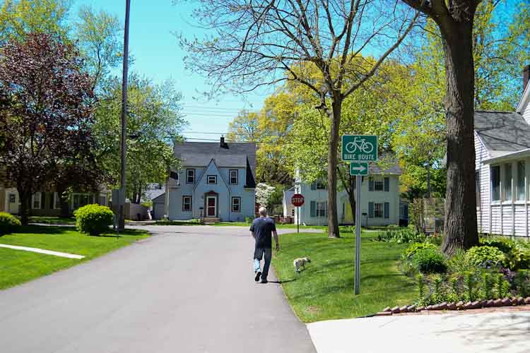 The ”Westwood Wiggle” routes bikes along quiet neighborhood streets north of West Main/M-43.