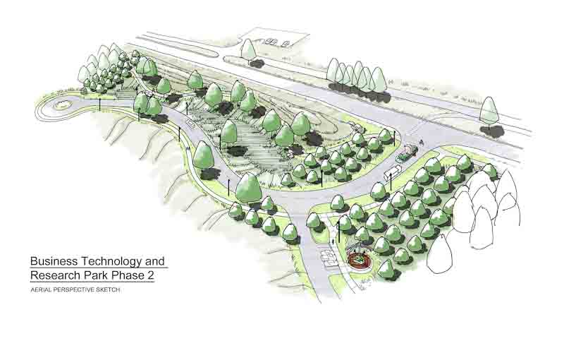 An early rendering of plans for Business Technology and Research Park Phase 2. These plans have been modified after community input.