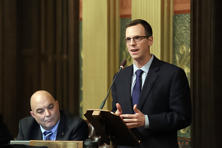 60th District State Representative Jon Hoadley speaks on the floor of the House of Representatives in Lansing. 