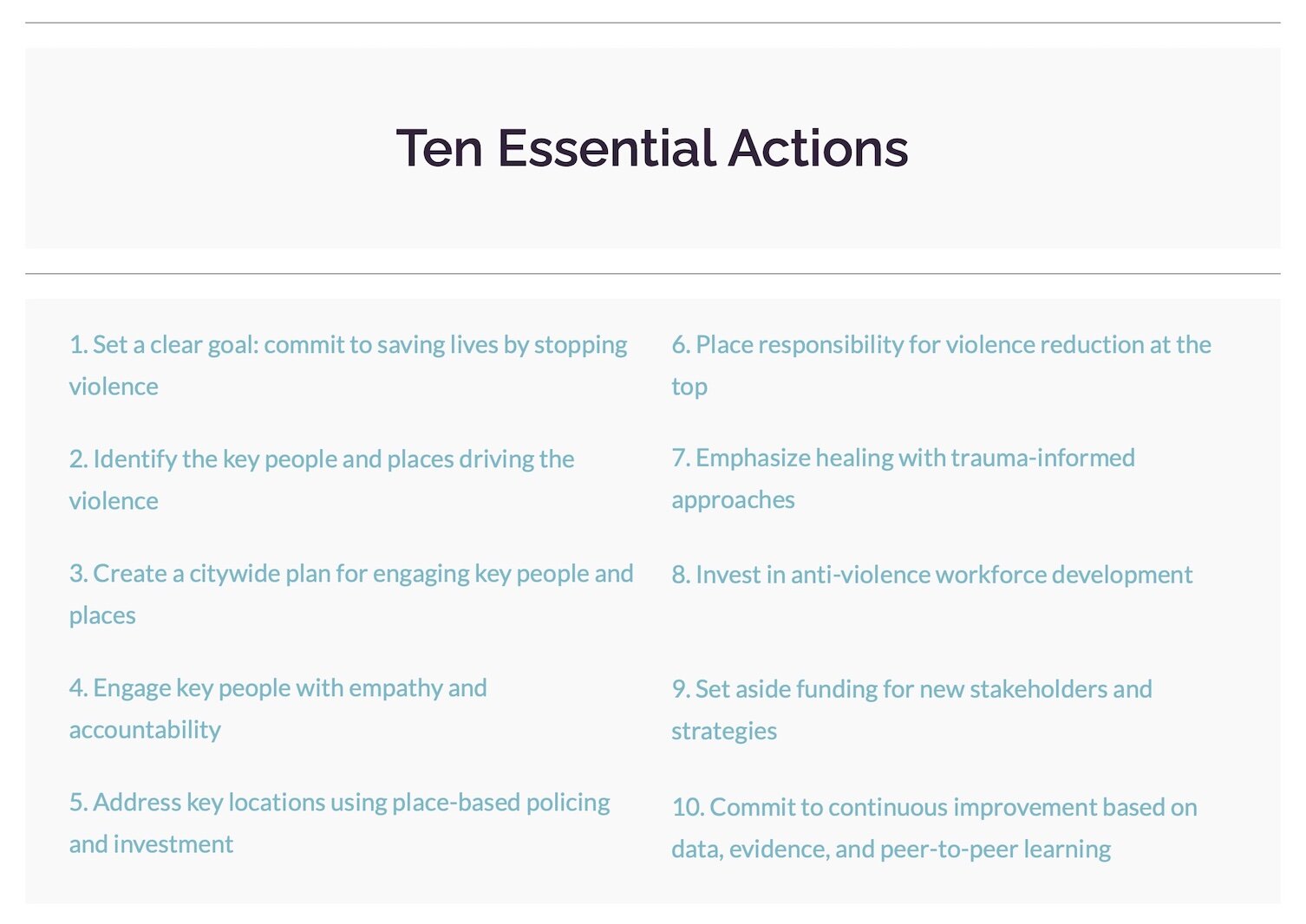 A list of Ten Essential Actions communities must take to deal with gun violence, as suggested by Thomas Abt from his latest work with the Council on Criminal Justice.