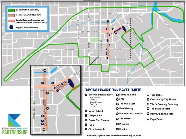 A map of the downtown Social District in Kalamazoo