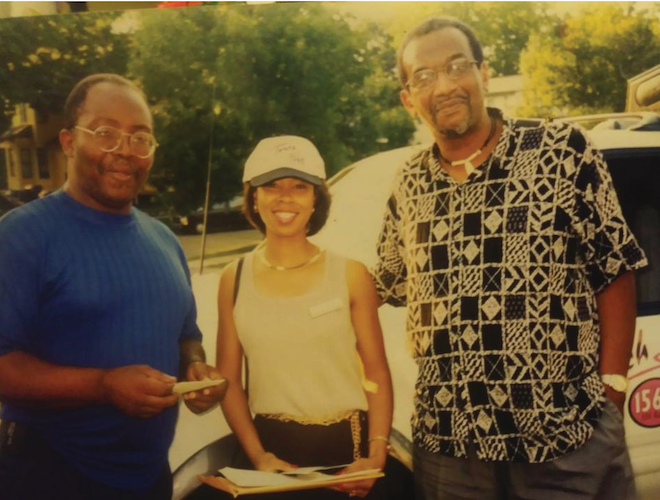 Sonya Bernard-Hollis (right in white) with her mentor, Buddy Hannah (behind her to the right) gather for a play she wrote, On the Edge of a Dream (2103) and he produced.