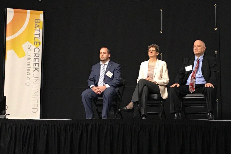 From left, Joe Sobieralski, Janet Ady and Jim Robey, who was a presenter, at the BCU Economic Outlook event. Robey is the Director Regional Economic Planning Services W.E. Upjohn Institute for Employment Research. at a recent BCU Economic Outlook.