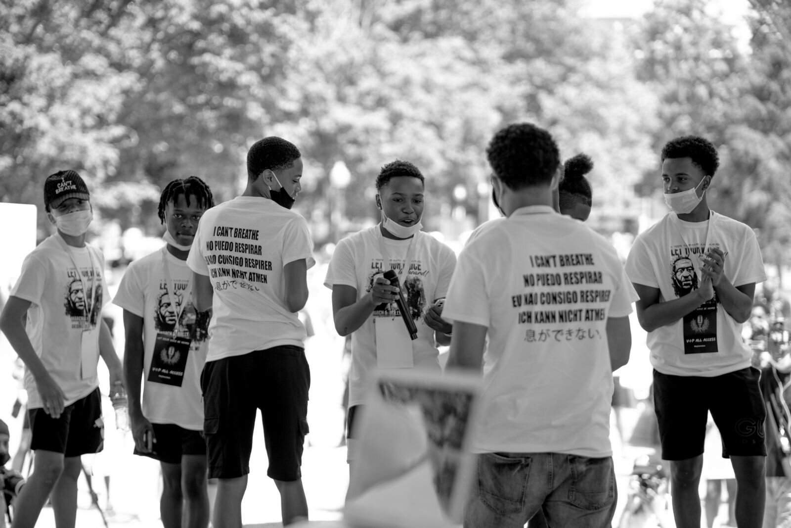 Many in the crowd had T-shirts that read “I can’t breath” in five languages. George Floyd, the 46-year-old man who was killed when a Minneapolis police officer kneeled on his neck For nearly 9 minutes, repeatedly told the officer he couldn't breathe,